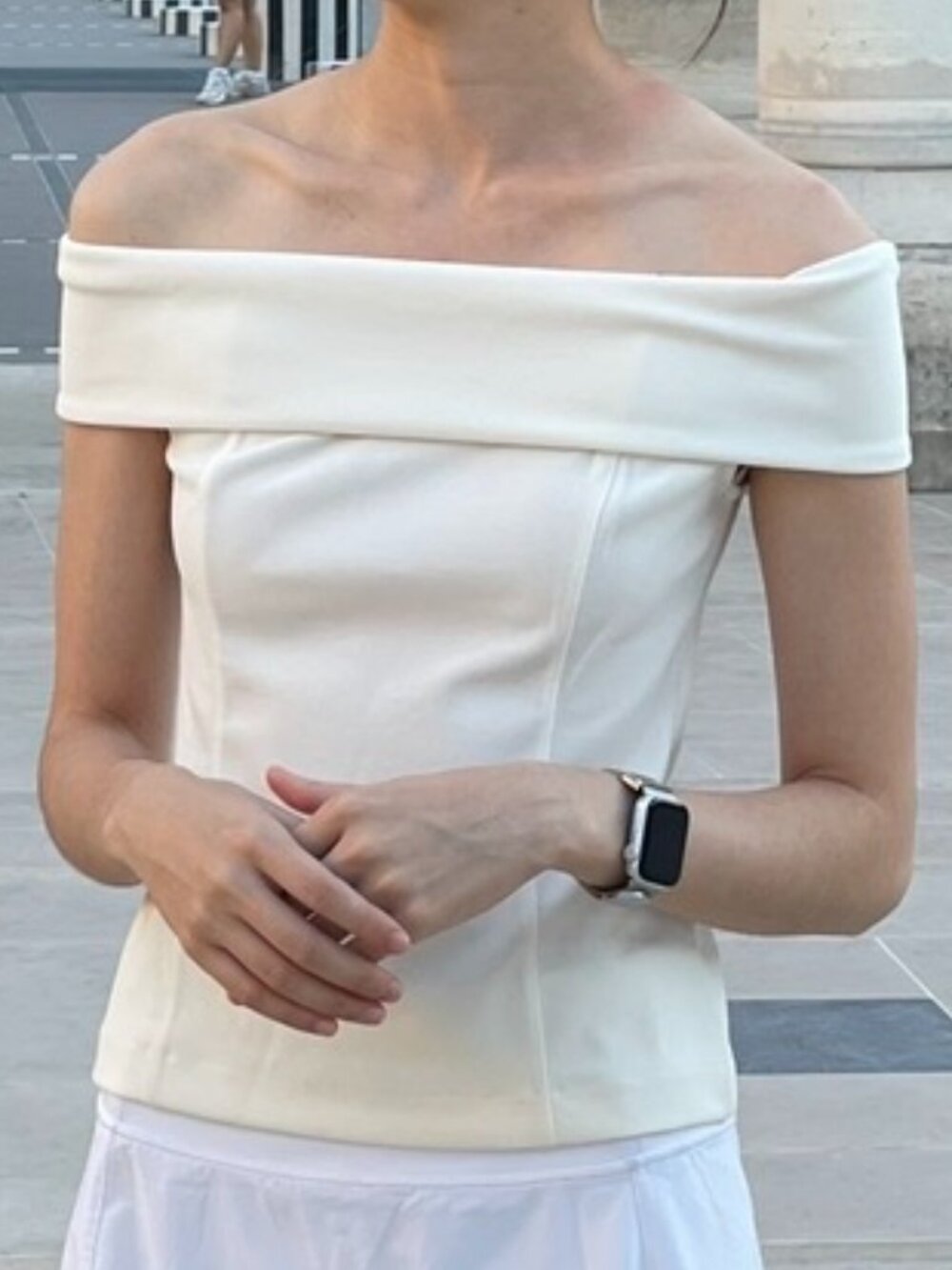 Cream Off Shoulder Crepe Top Club Monaco